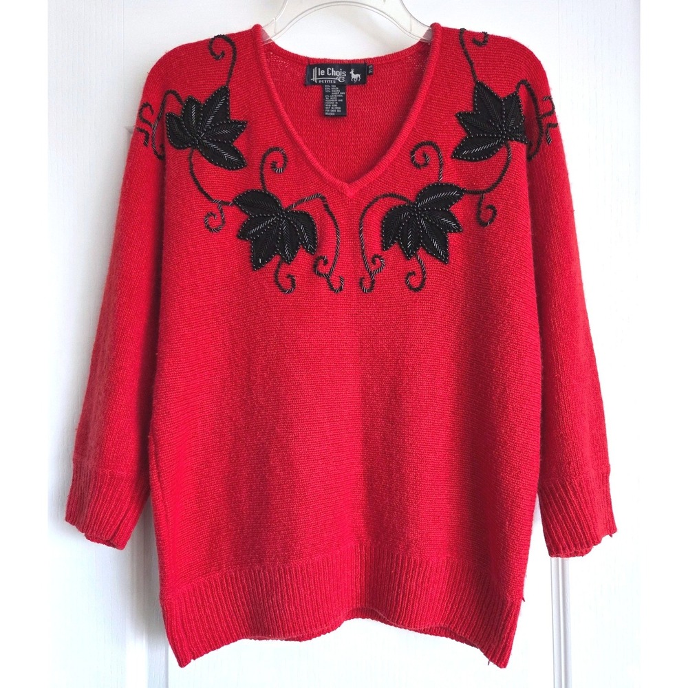 VTG Le Chois Petites Red Silk Angora Lambswool Beaded V-Neck Dolman Sweater P/S